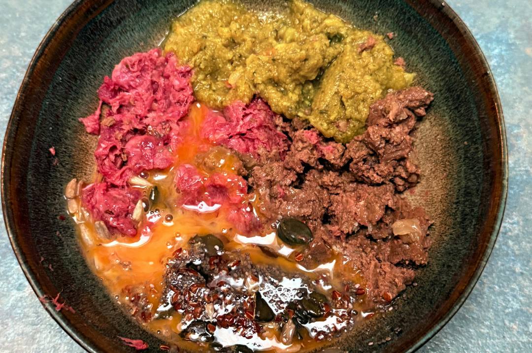 A raw-fed bowl with minced meat, organ meat and green vegetables