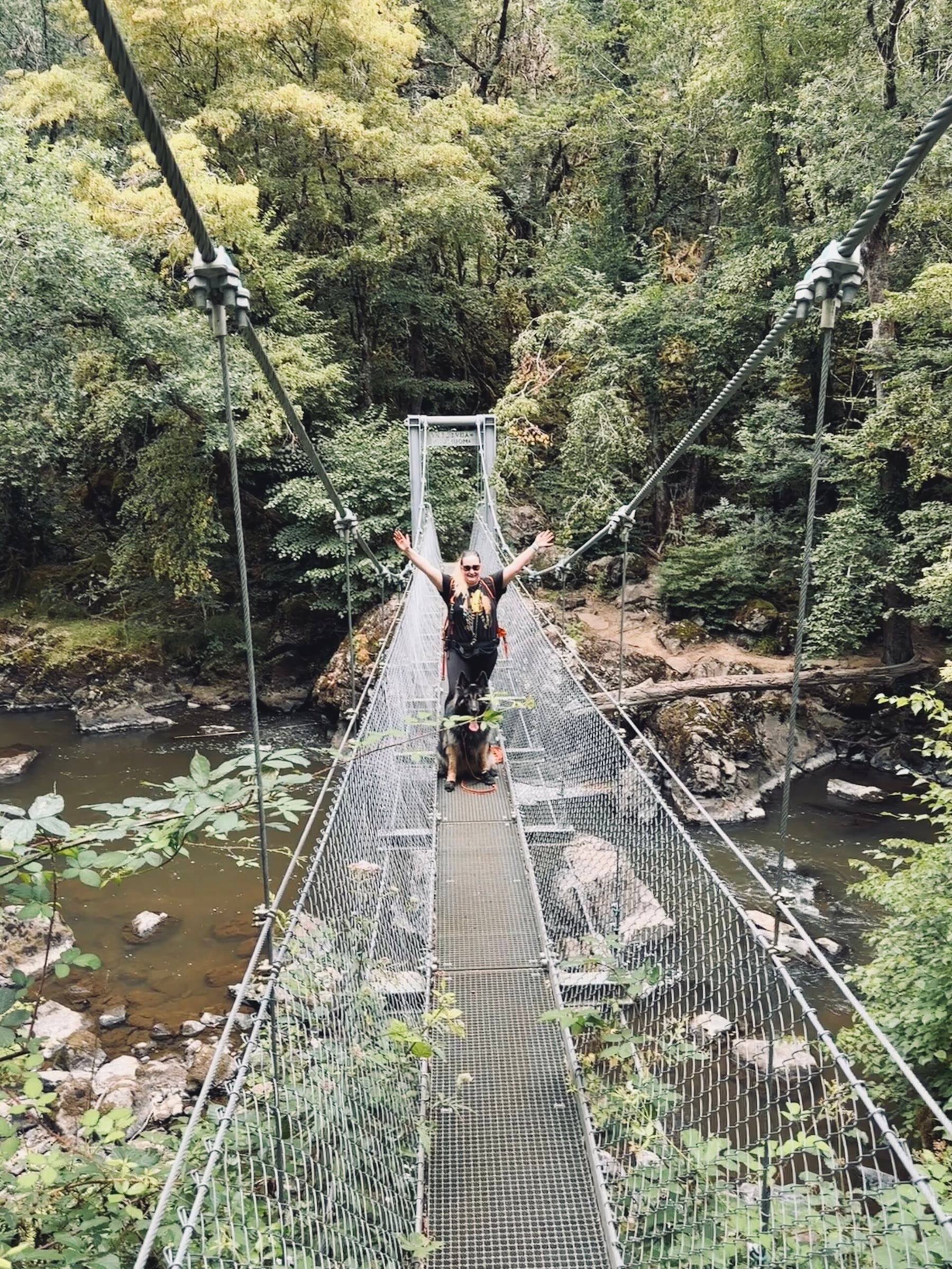 Crossing a suspension bridge in the forest