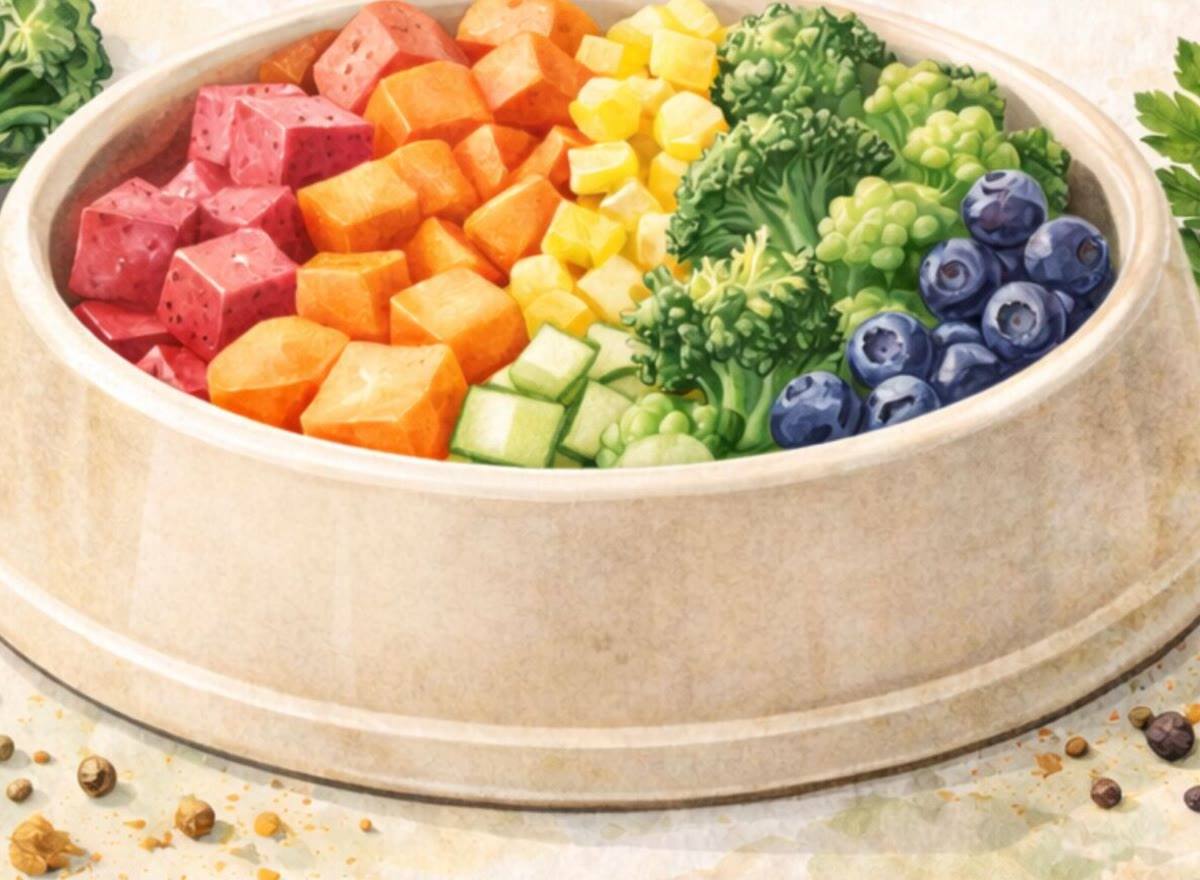 A bowl filled with a rainbow of vegetables, fruit and fresh ingredients