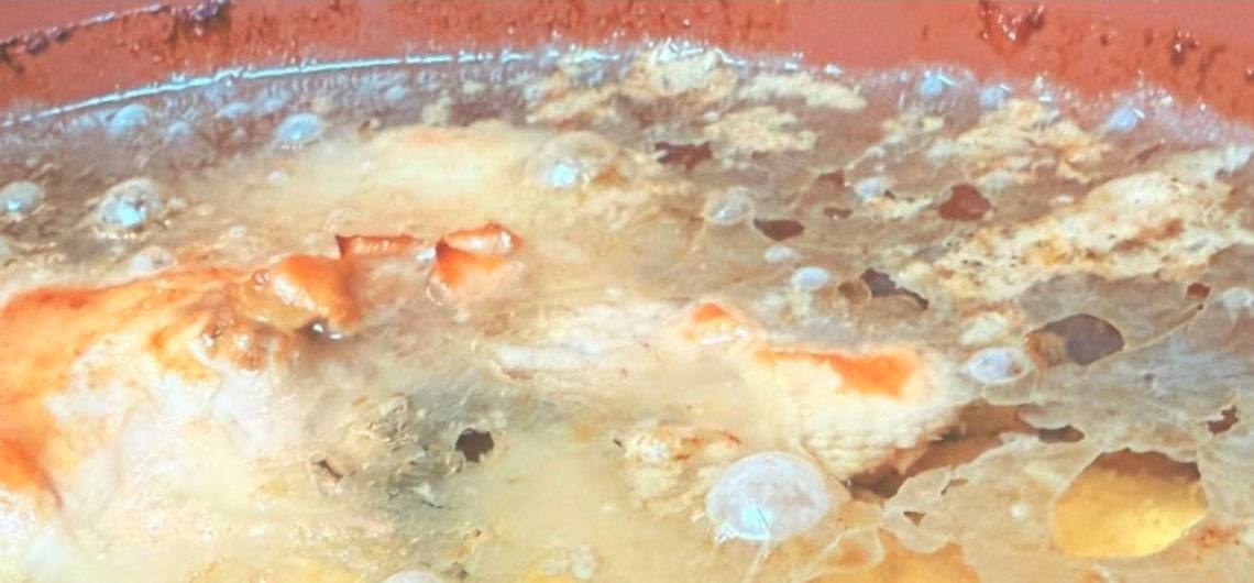 Chicken pieces simmering in a large pot of home-made bone broth